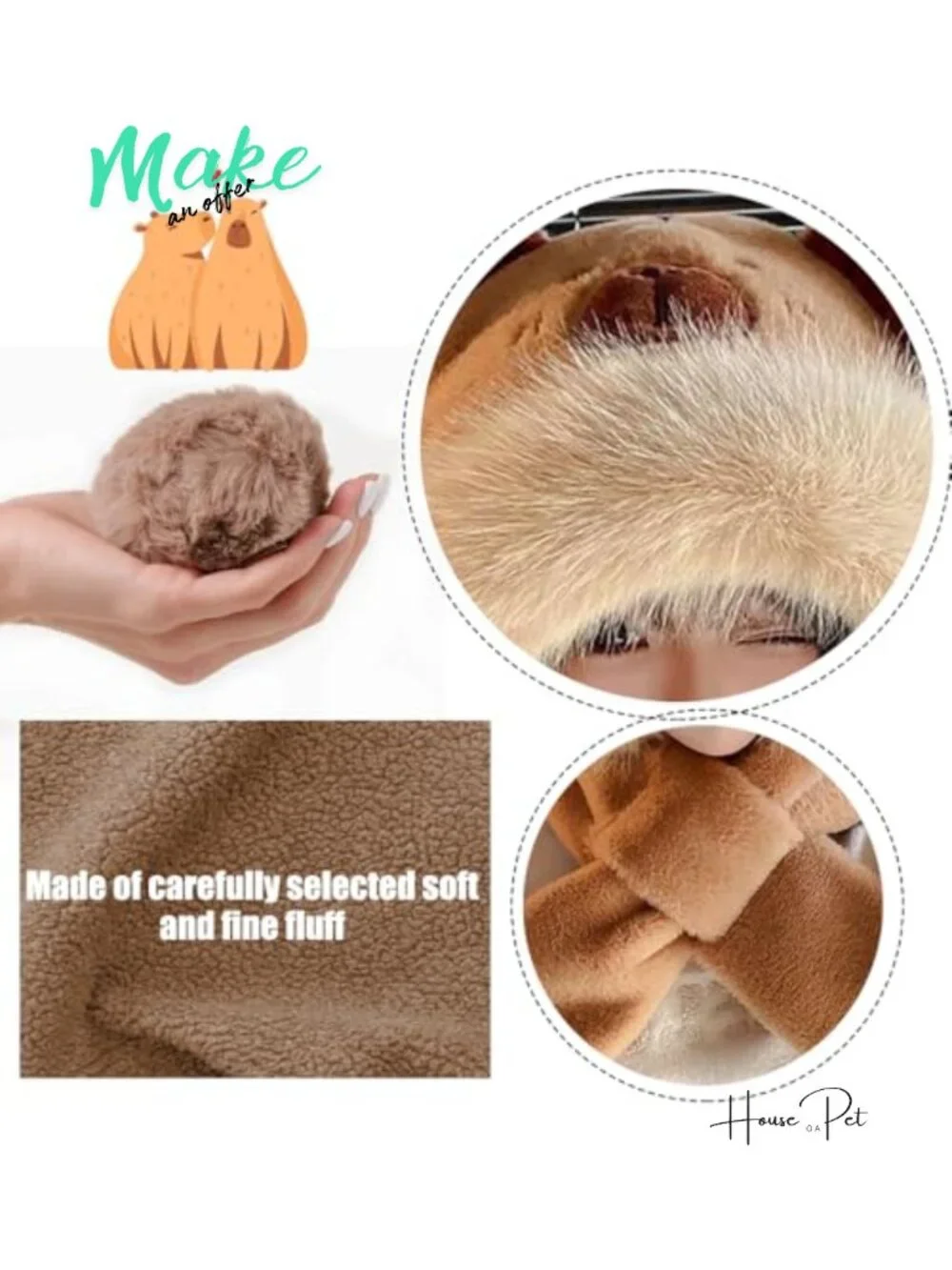 Plush Capybara Hooded Scarf Hat 2-in-1 Faux Fur Bear Ears Winter Warm